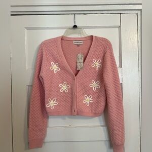 Pink Daisy Embellished Cropped Cardigan Sweater
